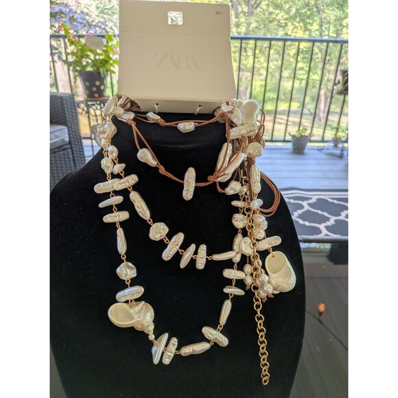 ZARA Belts Women's 2 pack Faux Pearl Shells Cord & Chain Boho Beach Hipster NEW - Picture 15 of 15